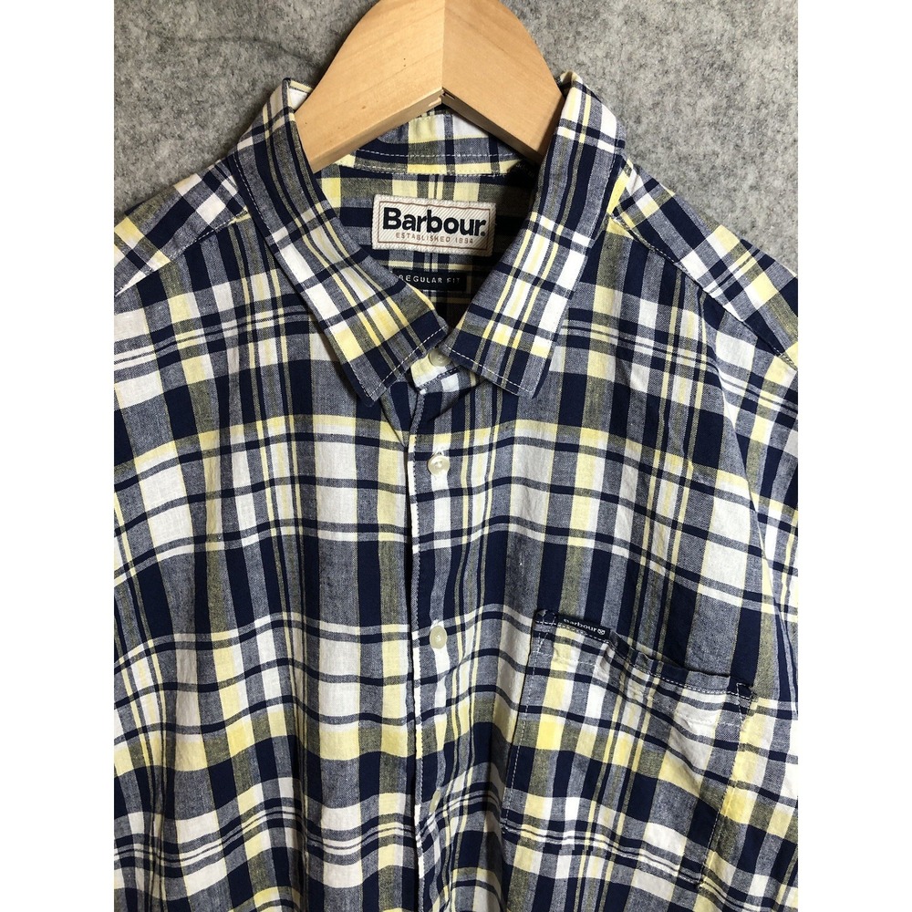 Barbour Shirt Mens Medium Blue Plaid Highland Linen Blend Career Casual Classic